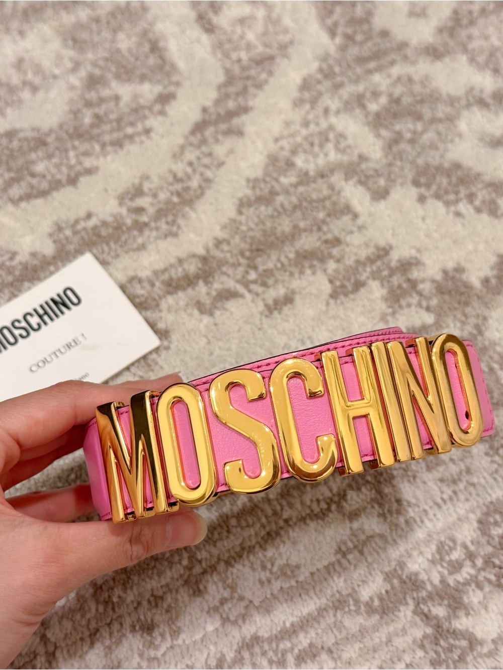 Moschino Pink Belt with Large Gold Logo Hardware